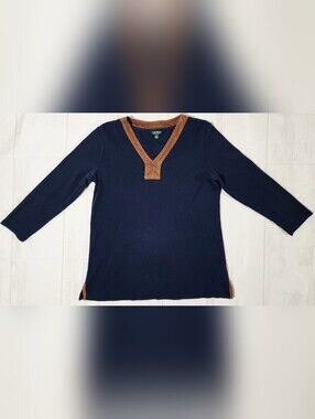 Lauren Ralph Lauren Shirt Women's XL Navy Blue Faux Leather Trim V Neck